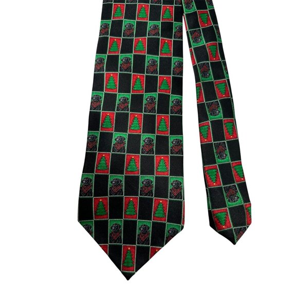 Tango Christmas Novelty Tie Black Green Red Labrador & Tree Print Silk - Picture 2 of 6